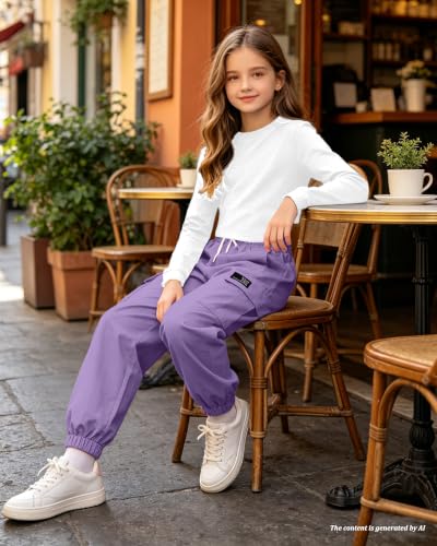 Image of Betusline Girls Fall Winter Clothing Sets, Long Sleeve Crop Top & Cargo Jogger Pants 2 Piece Outfit Sets,4T-14Y
