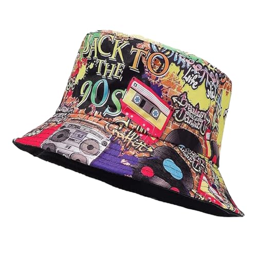 Yuannee Sombrero de Pescador Retro 80's 90's Doble Cara,Estampado Graffiti Unisex para Exteriores Fiestas Gorra Plegable con Protección UV Estilo Hip Hop Diseño Vintage
