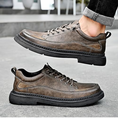 Men's Leather Casual Non-Slip Sneaker Shoes, Fashion Lace-Up Waterproof Dress Sneaker Shoes,Vintage Comfort Platform Round-Toe Business Vintage Oxfords3