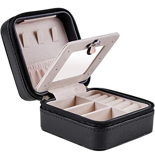 Preisvergleich Produktbild LIFIS Schmuckkasten für Reise Klein Mini Schmuckaufbewahrung mit Einem Spiegel Schmuckschatulle Tragbare Leder Schmuckorganizer für Ringe Ohrringe Halskette Geschenke für Mädchen Frauen Schwarz