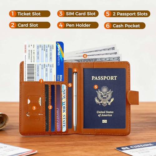 Image of Melsbrinna Premium Leather Passport Holder Covers Case, Waterproof Rfid Blocking Travel Wallet Passport Holder with Pen Holder, Cute Passport Book for Women /Men
