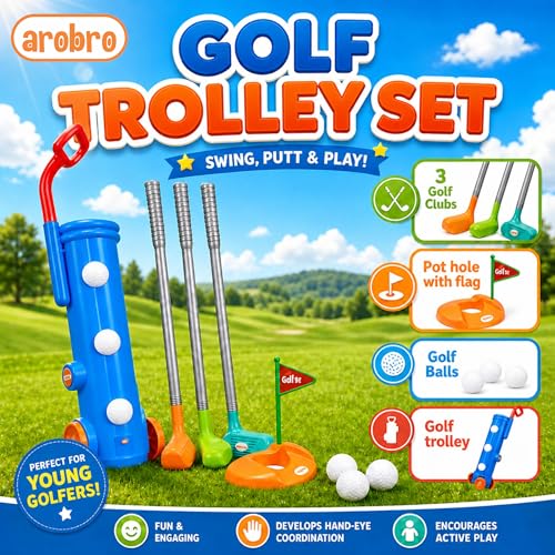 Image of Golf Trolley for Kids - Portable Golf Accessories Kit with 1 Trolley case, 3 Golf Sticks, 3 Balls, Platform Cup & Flag for 3+ Years Kids, Children, Boys, Girls, Sports Outdoor Game for Kids