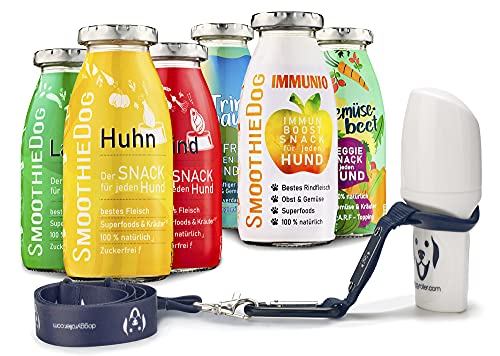 SmoothieDog Hundesmoothie 6er Mix + Doggyroller m. Halter, Karabiner, Lanyard Blau - je 1x: Huhn, Rind, Lamm, Ente, Immunio, Veggie - Flüssiges Hundeleckerli - zucker- & glutenfrei - Zubehör- je 250ml
