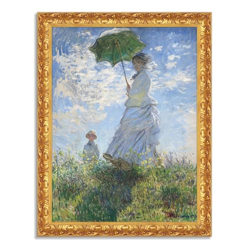 LuxHomeDecor Claude Monet - Donna con ombrello - Quadro stampa su tela effetto dipinto con cornice in legno oro classico - 50x40 cm