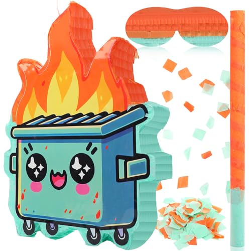 Sonwyoung Dumpster on Fire Piñata for Kids Birthday Party 15.7 x 11 Inches Green Piñata with Bat Blindfold and Confetti for Baby Shower Photo Props Cinco De Mayo Fiesta Decoration