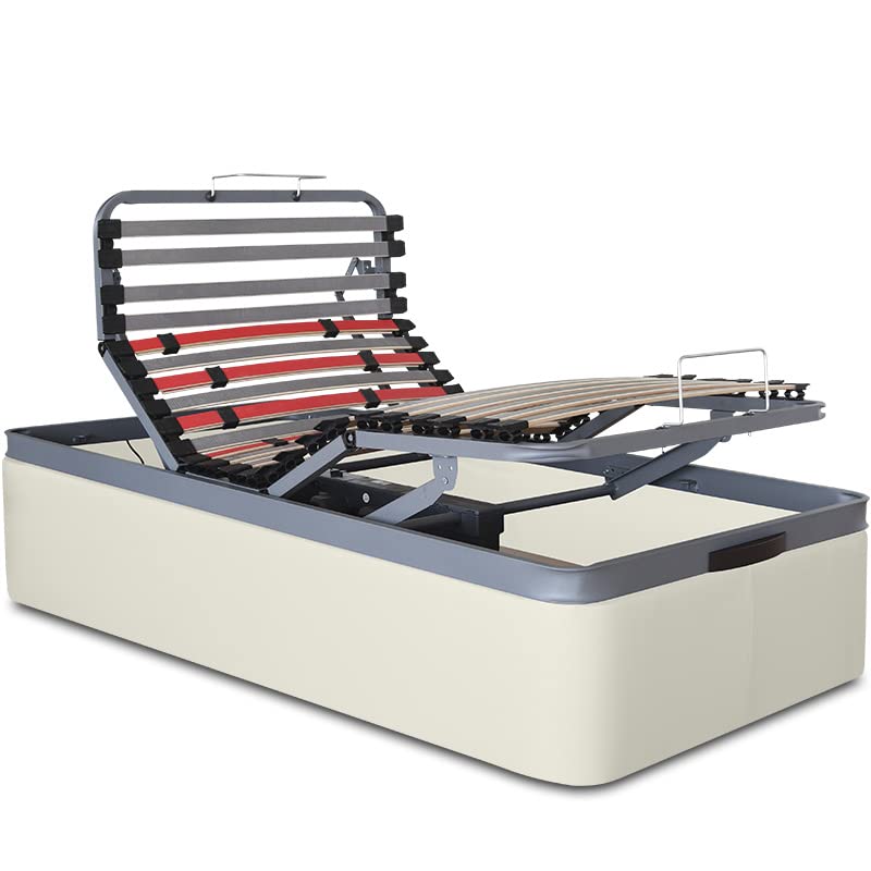 VentadeColchones   Canapé Articulado Abatible de Gran Capacidad con Mando Inalámbrico + App Móvil, Polipiel Blanco Roto, Medida 105 x 190 cm