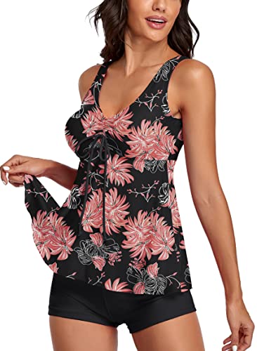 Omichic Tankini Swimsuits For Women Two Piece Bathing Suits Cute Pink Floral Tank Top With Boyshorts Tummy Control Swimming Small #TOP3