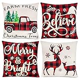 Ouddy Farmhouse Christmas Pillow Covers 18x18 Inch 4 Pack, Truck Deer Merry and Bright Christmas...
