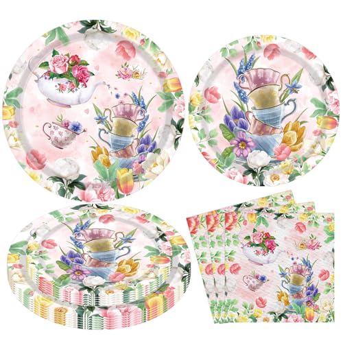 LWYGEGJO 120Pcs Tea Party Decorations Tea Floral Party Supplies Floral Theme Plates and Napkins Sets Flower Tableware for Girl's Birthday Baby Shower Wedding
