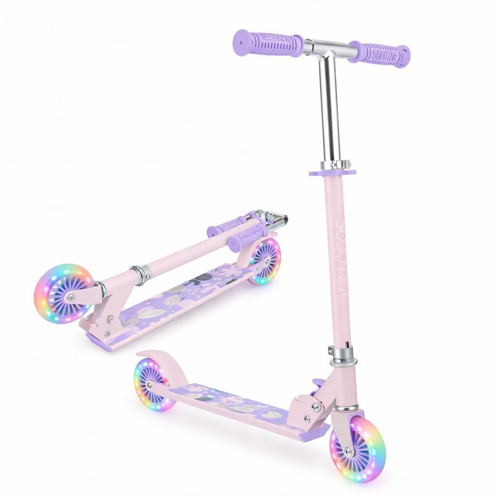 Scale Sports Scooter for Kids Ages 4-7, 2 Wheels Light Up Gift Scooters for Girls Boys Ages 6-12, Easy Folding Kids Scooter with 3 Levels Adjustable Handlebar and Rear Brake (Purple)