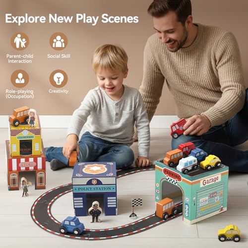 Image of 3-in-1 Sorting and Stacking Toys for Toddlers | Wooden Community Helpers, Nesting Boxes & Vehicle Track | Montessori Preschool Learning Toys Gift for 2 3 4 Year Old Boys Girls