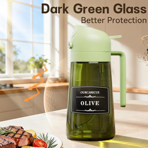 Image of Olive Oil Sprayer & Dispenser Bottle for Cooking 16oz Dark Glass Oil Mister | 2-in-1 Oil Sprayer & Pourer, Fine mist, Light-Blocking, Wide Mouth for Easy Refill & Clean, 8 Oil Labels, Reusable