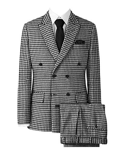 Wemaliyzd Men's Double Breasted 2 Piece Houndstooth Tuxedo Suit Peak Lapel Blazer