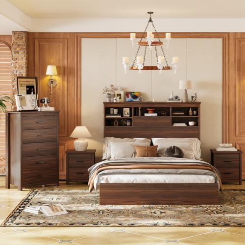 LUMISOL Queen Bedroom Sets 4 Piece Furniture with 2 Nightstands with 2 Drawers, Walnut