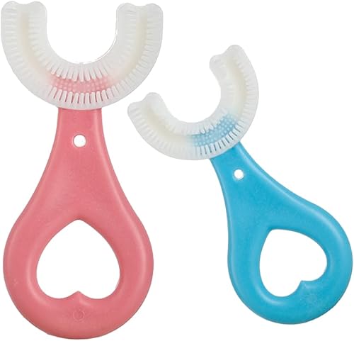 Miniatura 1 de 2 cepillos de dientes para niños en forma de U cepillo de dientes de entrenamiento manual suave de primera calidad para niños de 2 a 6 años azulrosa