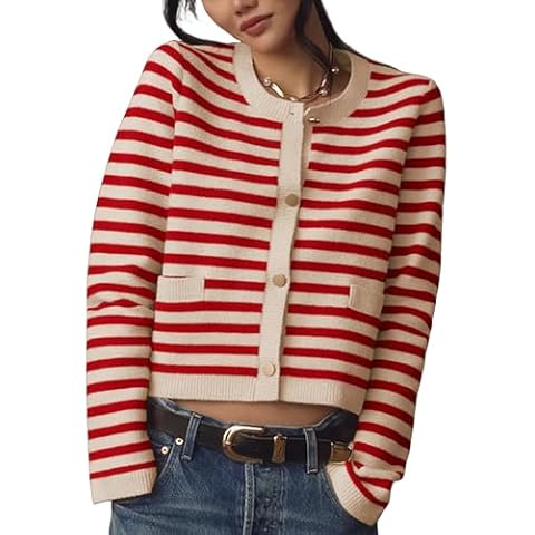 Lentta Womens Striped Knit Cardigan Sweater Crew Neck Long Sleeve Button Front Outerwear(Red-M) Cover