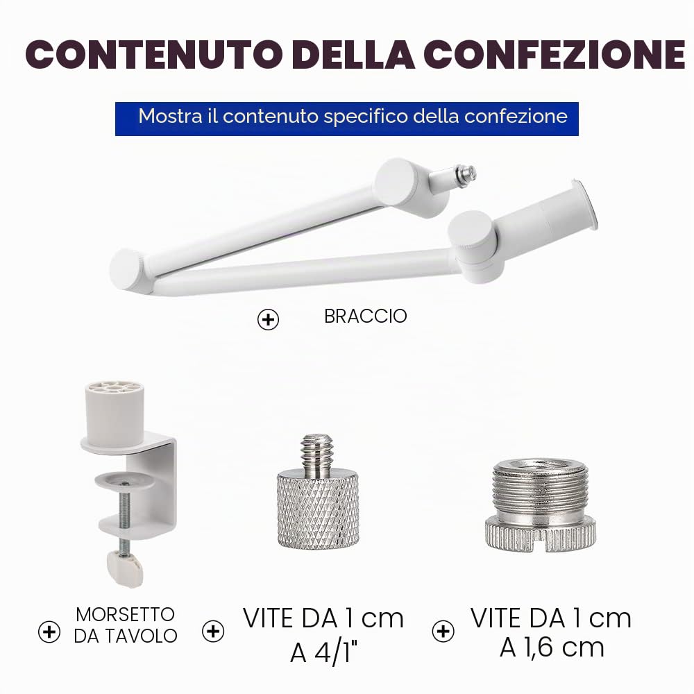 BOMGE Supporto per microfono a braccio braccio, regolabile, resistente, con supporto a forbice con canali di gestione dei cavi, morsetto da scrivania per podcast, streaming, giochi(bianco)
