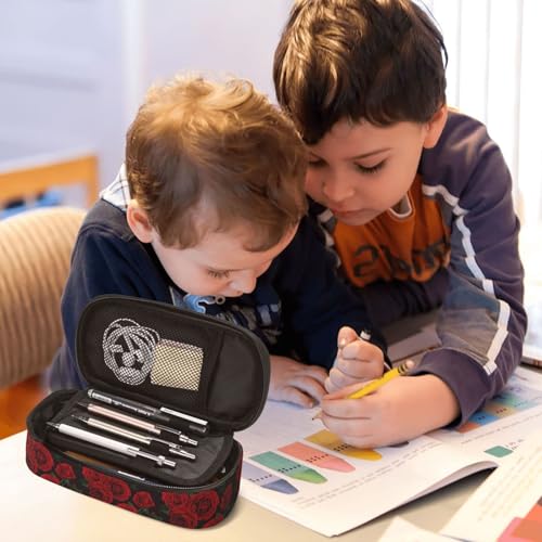 Image of Red And Black Rose Pencil Case Big Capacity Storage Pencil Pouch Stationery Bags With Zipper Portable Pen Holder Box Organizer For Boys Student College School Office Supplies
