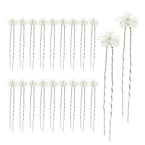 Teenitor 20pcs Hair Pins 5 Petal Flower Design with Rhinestone Crystal Center Wedding Hair Clips Hair Accessories, Comes in a Box - White