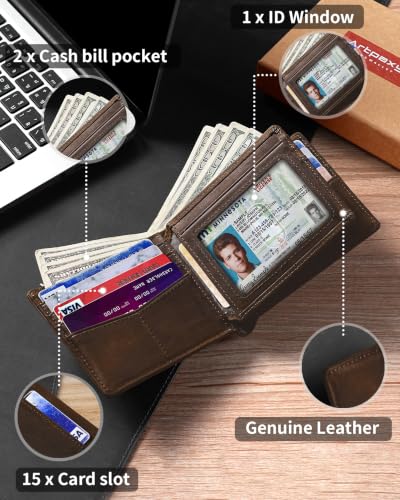 Image of Artpaxy Mens Wallet Bifold Genuine Leather RFID Blocking Wallet for Men with 1 ID Window 15 Card Holders 2 cash pockets 1 Gift Box