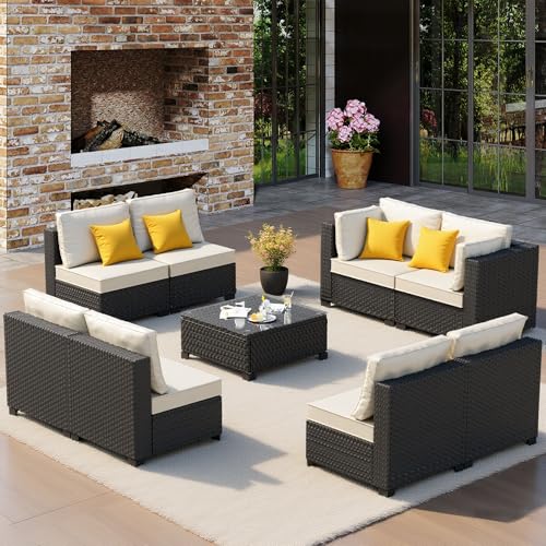 Extra Cushion Cover Pre-Assembled 9 Piece Patio Furniture, Rattan Wicker Sofa Set, Seating Conversation Set with Coffee Table for Home Patio, Outdoor Beige Sofa