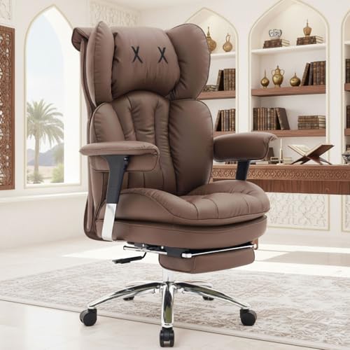 Efomao Executive Office Chair for Big and Tall Users, 180kg Capacity, 57cm Wide Seat, 16cm Extra-Thick Cushion, PU Leather, Footrest, Adjustable Armrests, Brown