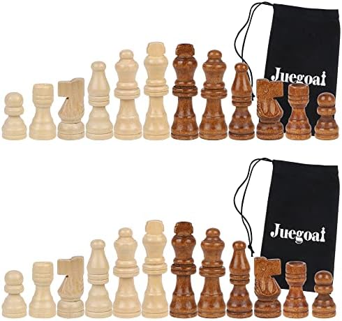 Juegoal 2 Pack Wooden Chess Pieces Only, 32 Pieces Each Wood Chessmen Pieces, 2.4 Inch King Figures Chess Game Pawns Figurine Pieces, Replacement of Missing Piece, Includes Storage Bag