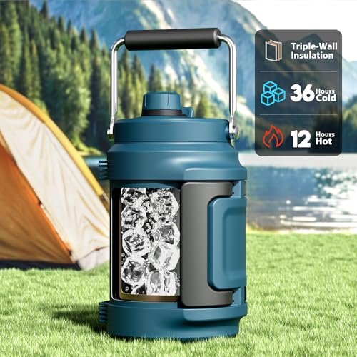 Image of 64 oz Insulated Water Bottle for Gym: Meoky Triple Wall Vacuum Stainless Steel Half Gallon Water Jug - Top and Side Handles, 2-in-1 Straw and Spout Lid, Cold for 36 Hrs, Leak Proof for Camping (Denim)