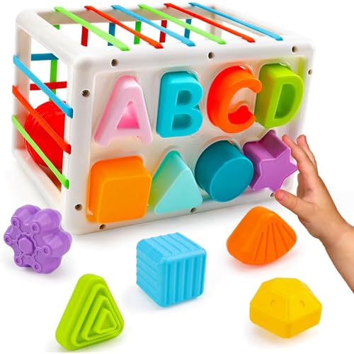 Image of Kidology Baby Shape Sorting Toy | Colorful Blocks, Cubes, Alphabet Letters | Elastic Bands | Fine Motor Skill Development | Early Learning Preschool Educational Toy