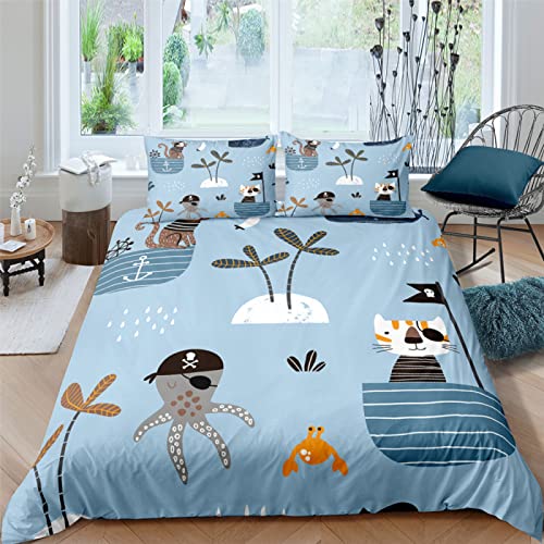Funda Nordica Cama 90 Infantiles Pulpo Pirata Azul Edredón Cama 90 para Niñas Niños con Cremallera 110gsm Microfibra de Suave Transpirable Fundas Nordicas 150x220 cm + 2 Fundas de Almohada 50x80 cm