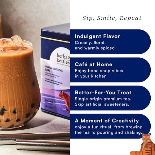 Image of Herbs & Kettles Vanilla Lavender Chai Boba Kit | Assam Black Tea with Real Vanilla Bean, Lavender Flowers & Warming Spices + Chewy Tapioca Pearls | DIY Bubble Tea Kit with Reusable Straws