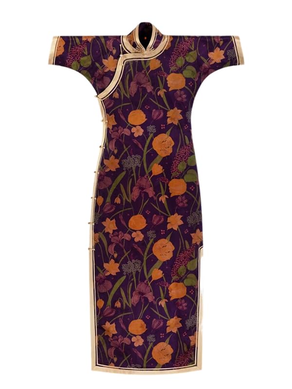 HangErFengCheongsam Fragrant Cloud Yarn Connect Shoulder Sleeve Evening Qipao Printed Long Dress 3594