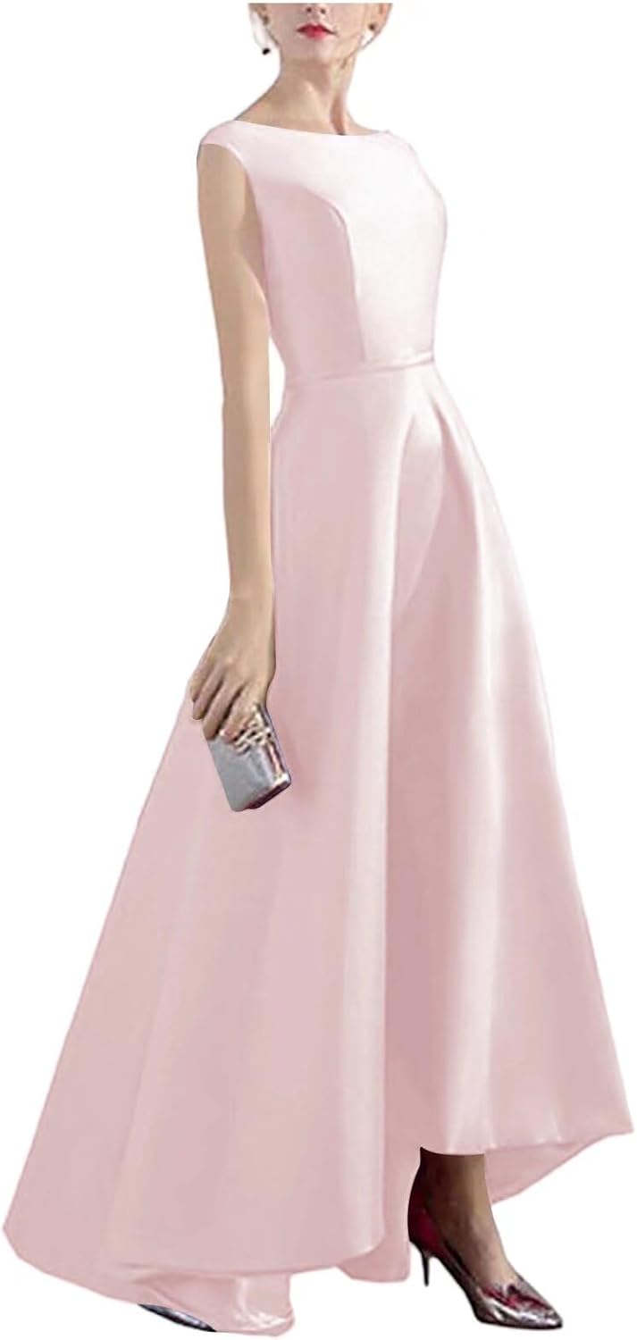 Womens Satin High Low Wedding Guest Dress Crew Neck Elegant Formal Evening Dress A Line Prom Dress - Image 6