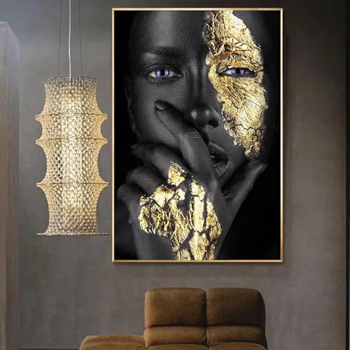Art africain noir et or tableau sur toile 60x90 cm prêt à suspendre pour mur vide
