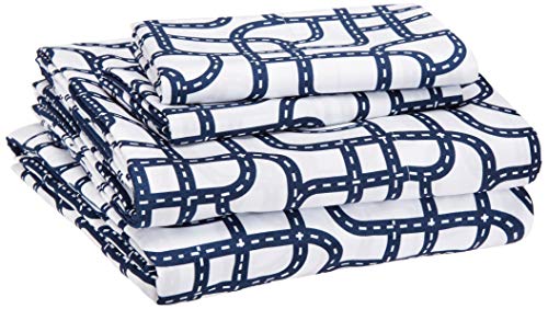 Amazon Basics Kid's Sheet Set - Soft, Easy-Wash Lightweight Microfiber - Full, Blue Racetrack