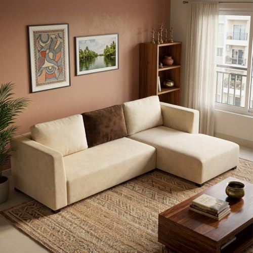 Image of FURNY Olympus 4 Seater RHS L Shape Sofa Set | Plush Velvet Suede Fabric | Modern Design | Soft Comfort Dual Color Cushions for Living Room, Office & Hotels (Cream-Dark Brown)