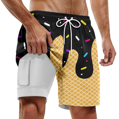 Bañador para hombre con compresión 2 en 1, transpirable, de secado rápido, elástico, ajustable, pantalones cortos de surf, Negro , XXL