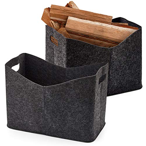 EZOWare 2 Pack X Large Felt Firewood Storage Baskets, Thick Fabric Bin Organiser Set with Handles For Logs, Bathroom, Laundry Hamper, and more - Dark Gray, 54 x 30 x 39 cm