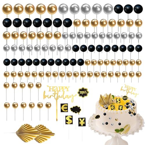 123Pcs Black and Gold Cake Decorations, Black and Gold Paper Palm Fan Cake Topper Balls, Ball Cake Toppers for Birthday Wedding Baby Shower Party DIY Cake Decorating