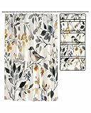 DecorLovee Vintage Botanical Shower Curtain with Pockets Organizer, Yellow Grey Spring Floral Birds Fabric Bathroom Curtain Mesh Shower Caddy Set, Waterproof Shower Curtains for Bath Tub 72'x72'