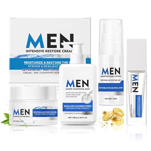 Skincare Hombre, Kit Cuidado Facial Hombre, Skin Care Hombre con Crema Limpiadora Facial, Tónico Facial, Gel Hidratante, Hidratación Limpieza Profunda, un Regalo Para Hombres-4 Artículos