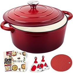 Cazuelas Cuisinart Overmont Olla de Hierro Fundido - Antiadherente Cacerola Holandesa de Esmaltado con Tapa - Ø26 CM Redonda Cacerola Holandesa para Cocinas de Inducción - Rojo