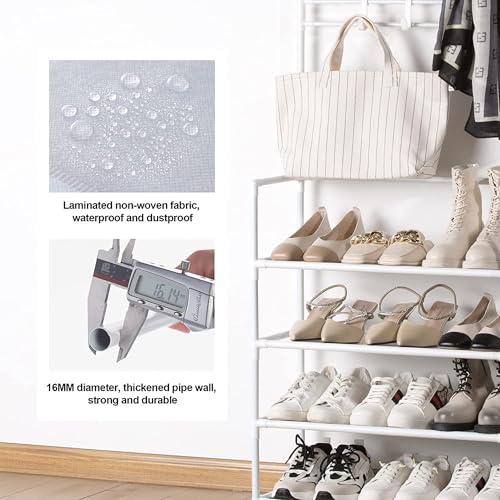 رف معدني للمعاطف والأحذية من 5 طبقات منظم أحذية للمدخل مع خطافات تعليق متعدد الوظائف بلون أبيض