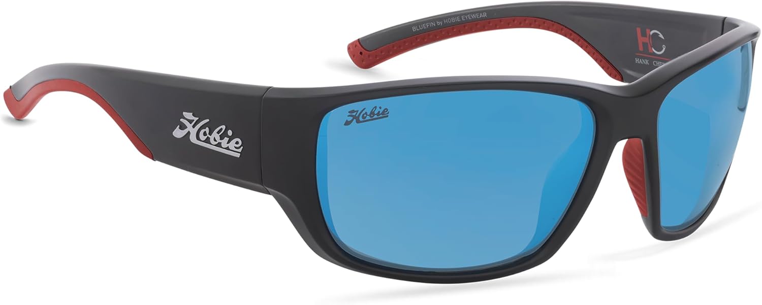 Hobie - Bluefin Float Polarized Sunglasses - Outdoor Sunglasses with HydroClean Lenses for Men and Women - Cobalt Mirror Lenses/Hank Cherry Satin Black & Red Frame