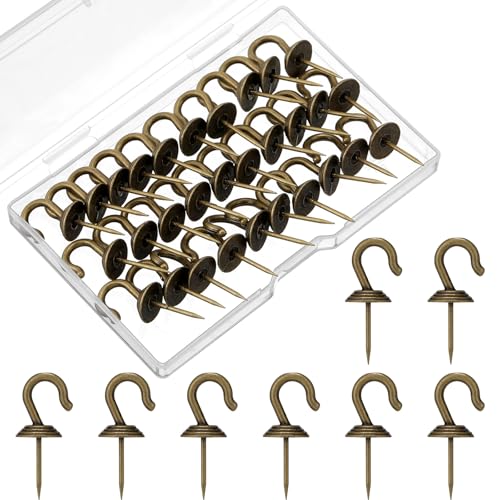 Image of Hotop 30 Pieces Push Pin Wall Hooks Metal Thumb Tack Hangers Iron Alloy Nail Decorative Picture Hooks for 20 Lbs Home Office School Party Supply (Bronze)