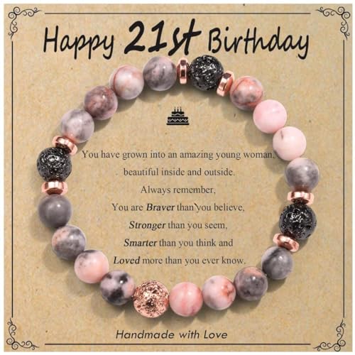 OAVOOK 30th/40th/50th/60th/70th/21st/80th/90th Birthday Gifts for Women, Unique Gifts for Woman Bead Bracelet for Mom, Aunt, Wife, Grandma, Sisters, Friends…, 21st Birthday Gift - Pink Zebra Stone,