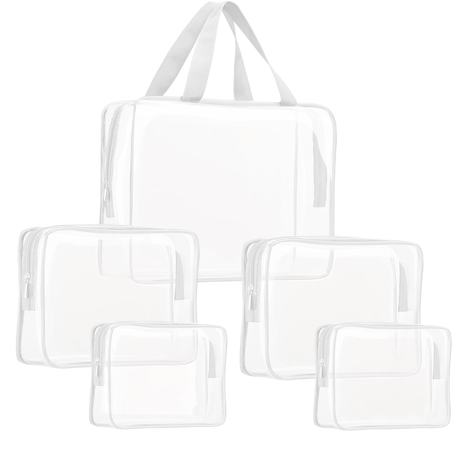 5Pcs Crystal Clear PVC Travel Toiletry Bag Kit for Women Men, Waterproof Vinyl Packing Organizer Storage Bags with Zipper Handle Straps, Cosmetic