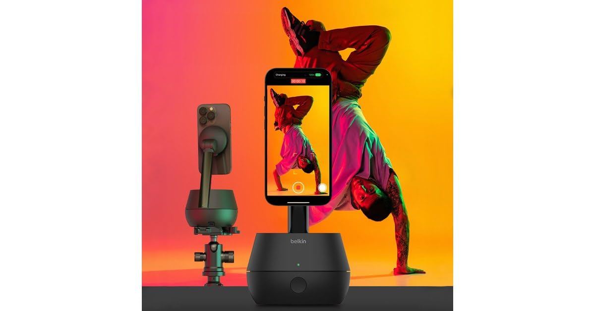 Belkin Supporto Pro con tracking automatico con DockKit, caricatore wireless da 15 W con MagSafe, rotazione di 360°, integrazione iOS per iPhone 16/15/14/13/12, alimentatore con cavo da 1,5 mm