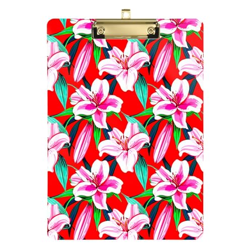 ホワイトピンクのユリの花 レッド クリア クリップボード、両面プリント 薄型クリップボード 12.5インチ x 9インチ。