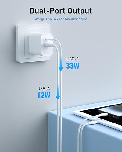 Miniatura 3 de Paquete de 2 cargadores de pared USB C GaN de 45 W, bloque de cargador rápido de doble puerto, adaptador de corriente PD + QC3.0 para iPhone